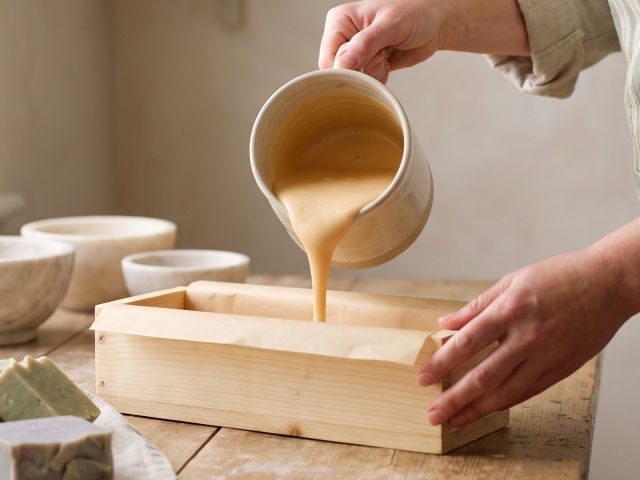 Hände gießen Seifenmasse in eine Holzform