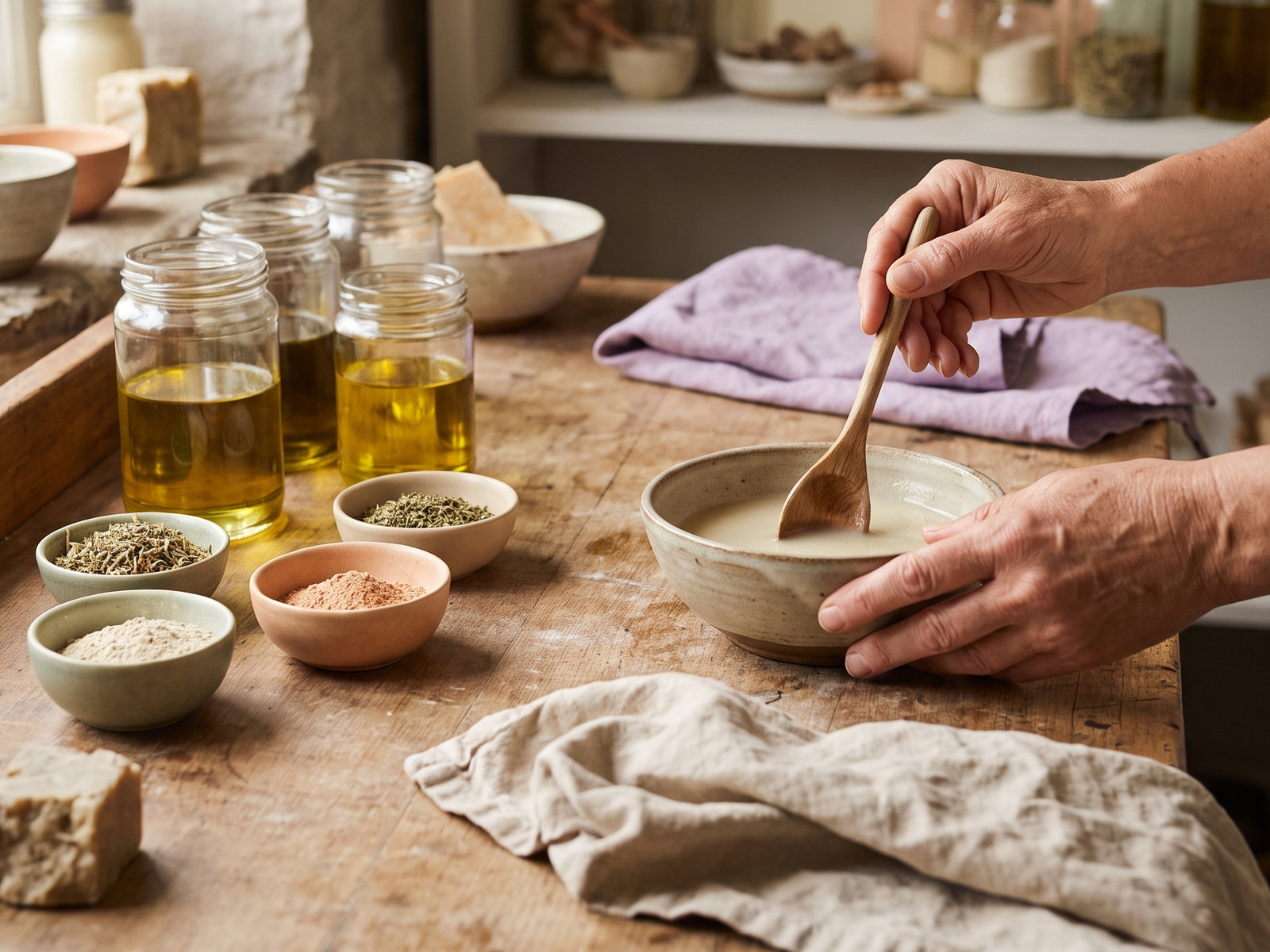 Hände bereiten Naturkosmetik am gemeinsamen Arbeitstisch vor